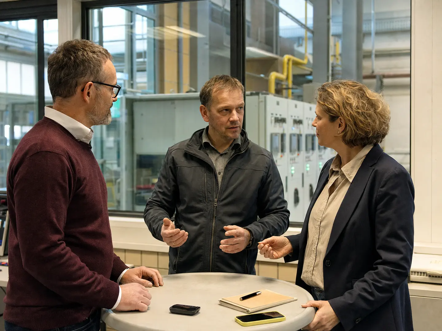 Führungskräfte eines Stadtwerks arbeiten vor einer modernen Energie- und Infrastrukturlandschaft.
