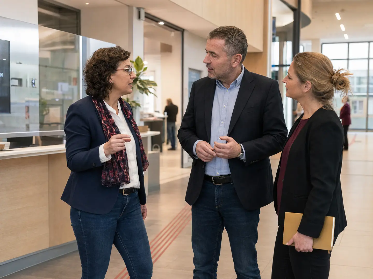 Eine interdisziplinäre Gruppe arbeitet in einem modernen Verwaltungsumfeld gemeinsam an einem öffentlichen Auftrag.